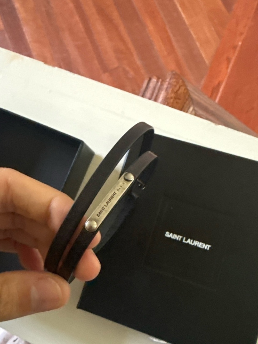 Saint Laurent Brown Double Leather Wrap Bracelet with Metal Plate